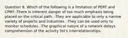 Question 9. Which of the following is a limitation of PERT and CPM? -There is inherent danger of too much emphasis being placed on the critical path. -They are applicable to only a narrow variety of projects and industries. -They can be used only to monitor schedules. -The graphical nature of a network delays comprehension of the activity list's interrelationships.