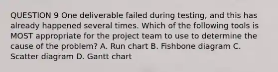 QUESTION 9 One deliverable failed during testing, and this has already happened several times. Which of the following tools is MOST appropriate for the project team to use to determine the cause of the problem? A. Run chart B. Fishbone diagram C. Scatter diagram D. Gantt chart