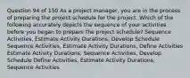 Question 94 of 150 As a project manager, you are in the process of preparing the project schedule for the project. Which of the following accurately depicts the sequence of your activities before you began to prepare the project schedule? Sequence Activities, Estimate Activity Durations, Develop Schedule Sequence Activities, Estimate Activity Durations, Define Activities Estimate Activity Durations, Sequence Activities, Develop Schedule Define Activities, Estimate Activity Durations, Sequence Activities