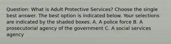 Question: What is Adult Protective Services? Choose the single best answer. The best option is indicated below. Your selections are indicated by the shaded boxes. A. A police force B. A prosecutorial agency of the government C. A social services agency