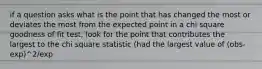 if a question asks what is the point that has changed the most or deviates the most from the expected point in a chi square goodness of fit test, look for the point that contributes the largest to the chi square statistic (had the largest value of (obs-exp)^2/exp