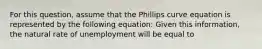 For this question, assume that the Phillips curve equation is represented by the following equation: Given this information, the natural rate of unemployment will be equal to