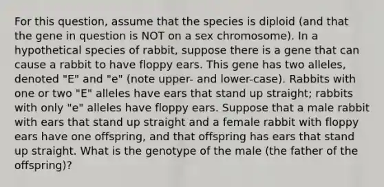 For this question, assume that the species is diploid (and that the gene in question is NOT on a sex chromosome). In a hypothetical species of rabbit, suppose there is a gene that can cause a rabbit to have floppy ears. This gene has two alleles, denoted "E" and "e" (note upper- and lower-case). Rabbits with one or two "E" alleles have ears that stand up straight; rabbits with only "e" alleles have floppy ears. Suppose that a male rabbit with ears that stand up straight and a female rabbit with floppy ears have one offspring, and that offspring has ears that stand up straight. What is the genotype of the male (the father of the offspring)?