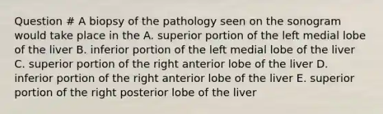 Question # A biopsy of the pathology seen on the sonogram would take place in the A. superior portion of the left medial lobe of the liver B. inferior portion of the left medial lobe of the liver C. superior portion of the right anterior lobe of the liver D. inferior portion of the right anterior lobe of the liver E. superior portion of the right posterior lobe of the liver