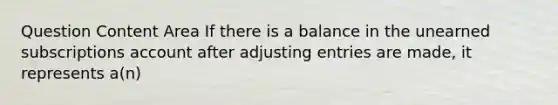 Question Content Area If there is a balance in the unearned subscriptions account after adjusting entries are made, it represents a(n)