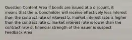 Question Content Area If bonds are issued at a discount, it means that the a. bondholder will receive effectively less interest than the contract rate of interest b. market interest rate is higher than the contract rate c. market interest rate is lower than the contract rate d. financial strength of the issuer is suspect Feedback Area