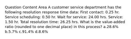 Question Content Area A customer service department has the following resolution response time data: First contact: 0.25 hr. Service scheduling: 0.50 hr. Wait for service: 24.00 hrs. Service: 1.50 hr. Total resolution time: 26.25 hrs. What is the value-added ratio (rounded to one decimal place) in this process? a.28.6% b.5.7% c.91.4% d.8.6%