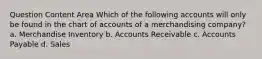 Question Content Area Which of the following accounts will only be found in the chart of accounts of a merchandising company? a. Merchandise Inventory b. Accounts Receivable c. Accounts Payable d. Sales