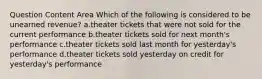 Question Content Area Which of the following is considered to be unearned revenue? a.theater tickets that were not sold for the current performance b.theater tickets sold for next month's performance c.theater tickets sold last month for yesterday's performance d.theater tickets sold yesterday on credit for yesterday's performance