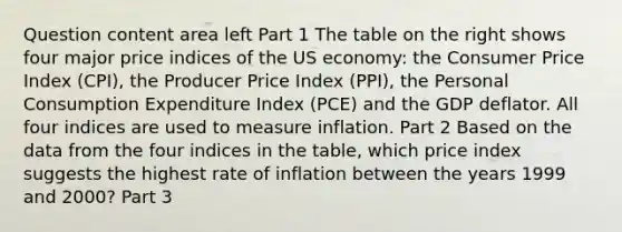 Question content area left Part 1 The table on the right shows four major price indices of the US​ economy: the Consumer Price Index​ (CPI), the Producer Price Index​ (PPI), the Personal Consumption Expenditure Index​ (PCE) and the GDP deflator. All four indices are used to measure inflation. Part 2 Based on the data from the four indices in the​ table, which price index suggests the highest rate of inflation between the years 1999 and 2000​? Part 3