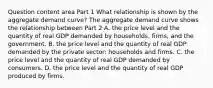 Question content area Part 1 What relationship is shown by the aggregate demand​ curve? The aggregate demand curve shows the relationship between Part 2 A. the price level and the quantity of real GDP demanded by​ households, firms, and the government. B. the price level and the quantity of real GDP demanded by the private​ sector: households and firms. C. the price level and the quantity of real GDP demanded by consumers. D. the price level and the quantity of real GDP produced by firms.