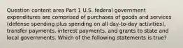 Question content area Part 1 U.S. federal government expenditures are comprised of purchases of goods and services​ (defense spending plus spending on all​ day-to-day activities), transfer​ payments, interest​ payments, and grants to state and local governments. Which of the following statements is​ true?