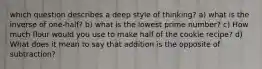 which question describes a deep style of thinking? a) what is the inverse of one-half? b) what is the lowest prime number? c) How much flour would you use to make half of the cookie recipe? d) What does it mean to say that addition is the opposite of subtraction?