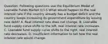 Question: Following questions use the Equilibrium Model of Loanable Funds Market I(r)-S What would happen to the real interest rate if the country already has a budget deficit and the country keeps increasing its government expenditure by issuing new debt? A. Real interest rate does not change. B. Loanable fund supply curve shifts to the left, real interest rate increases. C. Loanable fund supply curve shifts to the right, real interest rate decreases. D. Insufficient information to tell how the real interest rate would change.