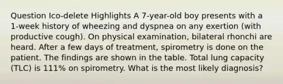 Question Ico-delete Highlights A 7-year-old boy presents with a 1-week history of wheezing and dyspnea on any exertion (with productive cough). On physical examination, bilateral rhonchi are heard. After a few days of treatment, spirometry is done on the patient. The findings are shown in the table. Total lung capacity (TLC) is 111% on spirometry. What is the most likely diagnosis?