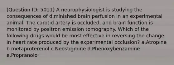 (Question ID: 5011) A neurophysiologist is studying the consequences of diminished brain perfusion in an experimental animal. The carotid artery is occluded, and brain function is monitored by positron emission tomography. Which of the following drugs would be most effective in reversing the change in heart rate produced by the experimental occlusion? a.Atropine b.metaproterenol c.Neostigmine d.Phenoxybenzamine e.Propranolol