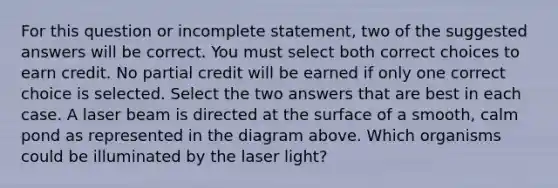 For this question or incomplete statement, two of the suggested answers will be correct. You must select both correct choices to earn credit. No partial credit will be earned if only one correct choice is selected. Select the two answers that are best in each case. A laser beam is directed at the surface of a smooth, calm pond as represented in the diagram above. Which organisms could be illuminated by the laser light?