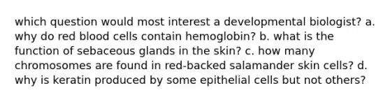 which question would most interest a developmental biologist? a. why do red blood cells contain hemoglobin? b. what is the function of sebaceous glands in the skin? c. how many chromosomes are found in red-backed salamander skin cells? d. why is keratin produced by some epithelial cells but not others?