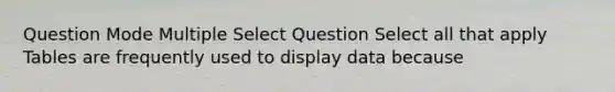 Question Mode Multiple Select Question Select all that apply Tables are frequently used to display data because