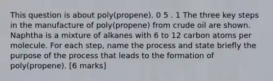 This question is about poly(propene). 0 5 . 1 The three key steps in the manufacture of poly(propene) from crude oil are shown. Naphtha is a mixture of alkanes with 6 to 12 carbon atoms per molecule. For each step, name the process and state briefly the purpose of the process that leads to the formation of poly(propene). [6 marks]