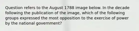 Question refers to the August 1788 image below. In the decade following the publication of the image, which of the following groups expressed the most opposition to the exercise of power by the national government?