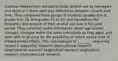 Question Researchers wanted to study alcohol use by teenagers and observe if there were any differences between cohorts over time. They compared three groups of students (grades 6 to 8, grades 9 to 10, and grades 11 to 12) and focused on the frequency and amount of their alcohol use over a five-year period. They collected useful information about age-related changes, changes within the same individuals as they aged, and were able to account for the possibility of cohort and/or time of measurement effects. This isan example of ________. sequential research sequential research observational research observational research longitudinal research longitudinal research cross-sectional research