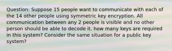 Question: Suppose 15 people want to communicate with each of the 14 other people using symmetric key encryption. All communication between any 2 people is visible and no other person should be able to decode it. how many keys are required in this system? Consider the same situation for a public key system?