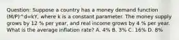 Question: Suppose a country has a money demand function (M/P)^d=kY, where k is a constant parameter. The money supply grows by 12 % per year, and real income grows by 4 % per year. What is the average inflation rate? A. 4% B. 3% C. 16% D. 8%