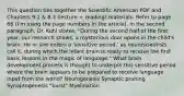 This question ties together the Scientific American PDF and Chapters 9.1 & 8.3 (lecture + reading) materials. Refer to page 66 (I'm using the page numbers in the article). In the second paragraph, Dr. Kuhl states, "During the second half of the first year, our research shows, a mysterious door opens in the child's brain. He or she enters a 'sensitive period,' as neuroscientists call it, during which the infant brain is ready to receive the first basic lessons in the magic of language." What brain development process is thought to underpin this sensitive period where the brain appears to be prepared to receive language input from the world? Neurogenesis Synaptic pruning Synaptogenesis "burst" Myelination