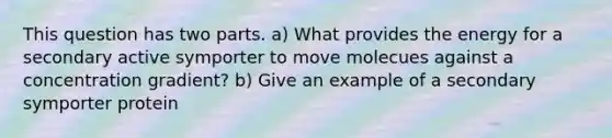 This question has two parts. a) What provides the energy for a secondary active symporter to move molecues against a concentration gradient? b) Give an example of a secondary symporter protein