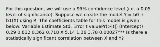 For this question, we will use a 95% confidence level (i.e. a 0.05 level of significance). Suppose we create the model Y = b0 + b1(X) using R. The coefficients table for this model is given below: Variable Estimate Std. Error t valuePr(>|t|) (Intercept) 0.29 0.812 0.362 0.718 X 5.14 1.36 3.78 0.00027*** Is there a statistically significant correlation between X and Y?