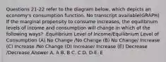 Questions 21-22 refer to the diagram below, which depicts an economy's consumption function. No transcript available(GRAPH) If the marginal propensity to consume increases, the equilibrium levels of income and consumption will change in which of the following ways? .Equilibrium Level of Income/Equilibrium Level of Consumption (A) No Change /No Change (B) No Change/ Increase (C) Increase /No Change (D) Increase/ Increase (E) Decrease /Decrease Answer A. A B. B C. C D. D E. E