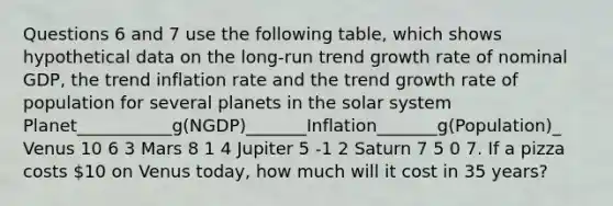 Questions 6 and 7 use the following table, which shows hypothetical data on the long-run trend growth rate of nominal GDP, the trend inflation rate and the trend growth rate of population for several planets in the solar system Planet___________g(NGDP)_______Inflation_______g(Population)_ Venus 10 6 3 Mars 8 1 4 Jupiter 5 -1 2 Saturn 7 5 0 7. If a pizza costs 10 on Venus today, how much will it cost in 35 years?