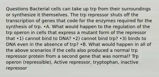 Questions Bacterial cells can take up trp from their surroundings or synthesize it themselves. The trp repressor shuts off the transcription of genes that code for the enzymes required for the synthesis of trp. •A. What would happen to the regulation of the trp operon in cells that express a mutant form of the repressor that •1) cannot bind to DNA? •2) cannot bind trp? •3) binds to DNA even in the absence of trp? •B. What would happen in all of the above scenarios if the cells also produced a normal trp repressor protein from a second gene that was normal? Trp operon (repressible), Active repressor, tryptophan, inactive repressor