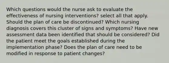 Which questions would the nurse ask to evaluate the effectiveness of nursing interventions? select all that apply. Should the plan of care be discontinued? Which nursing diagnosis covers this cluster of signs and symptoms? Have new assessment data been identified that should be considered? Did the patient meet the goals established during the implementation phase? Does the plan of care need to be modified in response to patient changes?