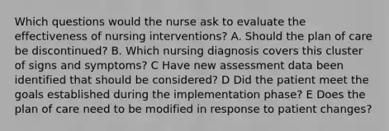 Which questions would the nurse ask to evaluate the effectiveness of nursing interventions? A. Should the plan of care be discontinued? B. Which nursing diagnosis covers this cluster of signs and symptoms? C Have new assessment data been identified that should be considered? D Did the patient meet the goals established during the implementation phase? E Does the plan of care need to be modified in response to patient changes?