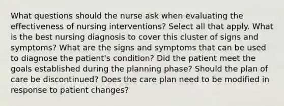 What questions should the nurse ask when evaluating the effectiveness of nursing interventions? Select all that apply. What is the best nursing diagnosis to cover this cluster of signs and symptoms? What are the signs and symptoms that can be used to diagnose the patient's condition? Did the patient meet the goals established during the planning phase? Should the plan of care be discontinued? Does the care plan need to be modified in response to patient changes?