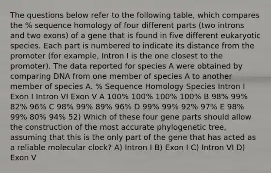 The questions below refer to the following table, which compares the % sequence homology of four different parts (two introns and two exons) of a gene that is found in five different eukaryotic species. Each part is numbered to indicate its distance from the promoter (for example, Intron I is the one closest to the promoter). The data reported for species A were obtained by comparing DNA from one member of species A to another member of species A. % Sequence Homology Species Intron I Exon I Intron VI Exon V A 100% 100% 100% 100% B 98% 99% 82% 96% C 98% 99% 89% 96% D 99% 99% 92% 97% E 98% 99% 80% 94% 52) Which of these four gene parts should allow the construction of the most accurate phylogenetic tree, assuming that this is the only part of the gene that has acted as a reliable molecular clock? A) Intron I B) Exon I C) Intron VI D) Exon V