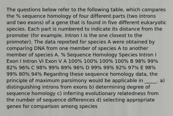 The questions below refer to the following table, which compares the % sequence homology of four different parts (two introns and two exons) of a gene that is found in five different eukaryotic species. Each part is numbered to indicate its distance from the promoter (for example, Intron I is the one closest to the promoter). The data reported for species A were obtained by comparing DNA from one member of species A to another member of species A. % Sequence Homology Species Intron I Exon I Intron VI Exon V A 100% 100% 100% 100% B 98% 99% 82% 96% C 98% 99% 89% 96% D 99% 99% 92% 97% E 98% 99% 80% 94% Regarding these sequence homology data, the principle of maximum parsimony would be applicable in _____. a) distinguishing introns from exons b) determining degree of sequence homology c) inferring evolutionary relatedness from the number of sequence differences d) selecting appropriate genes for comparison among species