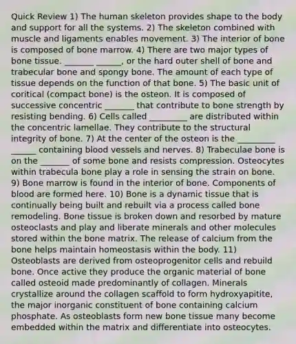 Quick Review 1) The human skeleton provides shape to the body and support for all the systems. 2) The skeleton combined with muscle and ligaments enables movement. 3) The interior of bone is composed of bone marrow. 4) There are two major types of bone tissue. _______ ______, or the hard outer shell of bone and trabecular bone and spongy bone. The amount of each type of tissue depends on the function of that bone. 5) The basic unit of coritical (compact bone) is the osteon. It is composed of successive concentric _______ that contribute to bone strength by resisting bending. 6) Cells called _________ are distributed within the concentric lamellae. They contribute to the structural integrity of bone. 7) At the center of the osteon is the _________ ______ containing blood vessels and nerves. 8) Trabeculae bone is on the _______ of some bone and resists compression. Osteocytes within trabecula bone play a role in sensing the strain on bone. 9) Bone marrow is found in the interior of bone. Components of blood are formed here. 10) Bone is a dynamic tissue that is continually being built and rebuilt via a process called bone remodeling. Bone tissue is broken down and resorbed by mature osteoclasts and play and liberate minerals and other molecules stored within the bone matrix. The release of calcium from the bone helps maintain homeostasis within the body. 11) Osteoblasts are derived from osteoprogenitor cells and rebuild bone. Once active they produce the organic material of bone called osteoid made predominantly of collagen. Minerals crystallize around the collagen scaffold to form hydroxyapitite, the major inorganic constituent of bone containing calcium phosphate. As osteoblasts form new bone tissue many become embedded within the matrix and differentiate into osteocytes.