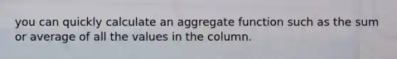 you can quickly calculate an aggregate function such as the sum or average of all the values in the column.