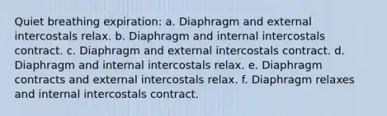 Quiet breathing expiration: a. Diaphragm and external intercostals relax. b. Diaphragm and internal intercostals contract. c. Diaphragm and external intercostals contract. d. Diaphragm and internal intercostals relax. e. Diaphragm contracts and external intercostals relax. f. Diaphragm relaxes and internal intercostals contract.