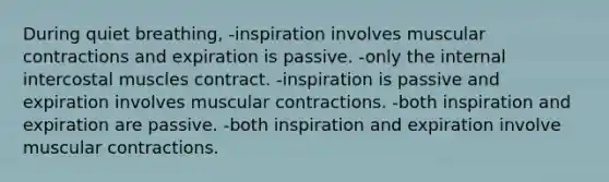 During quiet breathing, -inspiration involves muscular contractions and expiration is passive. -only the internal intercostal muscles contract. -inspiration is passive and expiration involves muscular contractions. -both inspiration and expiration are passive. -both inspiration and expiration involve muscular contractions.