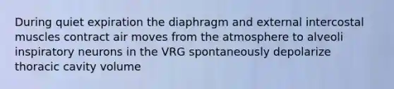 During quiet expiration the diaphragm and external intercostal muscles contract air moves from the atmosphere to alveoli inspiratory neurons in the VRG spontaneously depolarize thoracic cavity volume