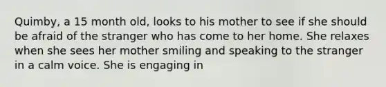 Quimby, a 15 month old, looks to his mother to see if she should be afraid of the stranger who has come to her home. She relaxes when she sees her mother smiling and speaking to the stranger in a calm voice. She is engaging in