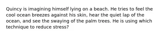 Quincy is imagining himself lying on a beach. He tries to feel the cool ocean breezes against his skin, hear the quiet lap of the ocean, and see the swaying of the palm trees. He is using which technique to reduce stress?