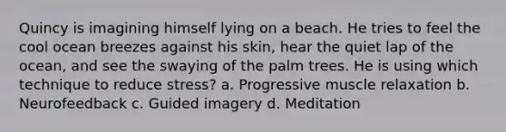 Quincy is imagining himself lying on a beach. He tries to feel the cool ocean breezes against his skin, hear the quiet lap of the ocean, and see the swaying of the palm trees. He is using which technique to reduce stress? a. Progressive muscle relaxation b. Neurofeedback c. Guided imagery d. Meditation