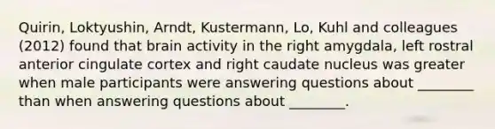 Quirin, Loktyushin, Arndt, Kustermann, Lo, Kuhl and colleagues (2012) found that brain activity in the right amygdala, left rostral anterior cingulate cortex and right caudate nucleus was greater when male participants were answering questions about ________ than when answering questions about ________.