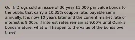 Quirk Drugs sold an issue of 30-year 1,000 par value bonds to the public that carry a 10.85% coupon rate, payable semi-annually. It is now 10 years later and the current market rate of interest is 9.00%. If interest rates remain at 9.00% until Quirk's bonds mature, what will happen to the value of the bonds over time?