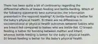 There has been quite a bit of controversy regarding the differential effects of breast-feeding and bottle-feeding. Which of the following statements best summarizes the information presented in the required reading? A) bottle-feeding is better for the baby's physical health. B) there are no differences in socioemotional or physical health outcomes between babies who are breast-fed compared to babies who are bottle-fed. C) breast-feeding is better for bonding between mother and infant, whereas bottle-feeding is better for the baby's physical health. D) breast-feeding is better for the baby's physical health.